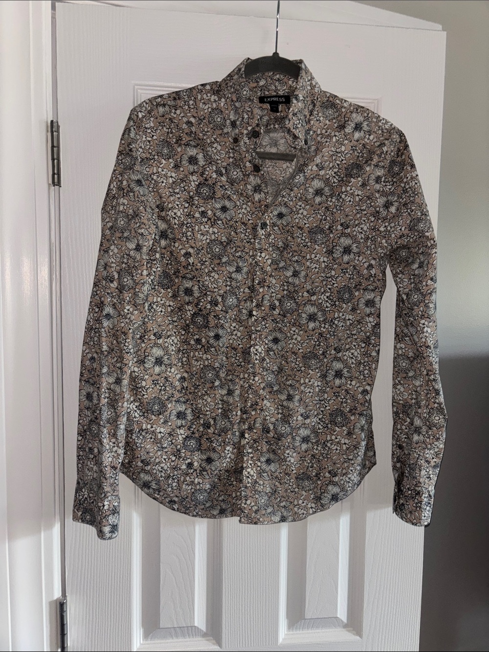 Express Men's Floral Button-Down Shirt - Beige and Black